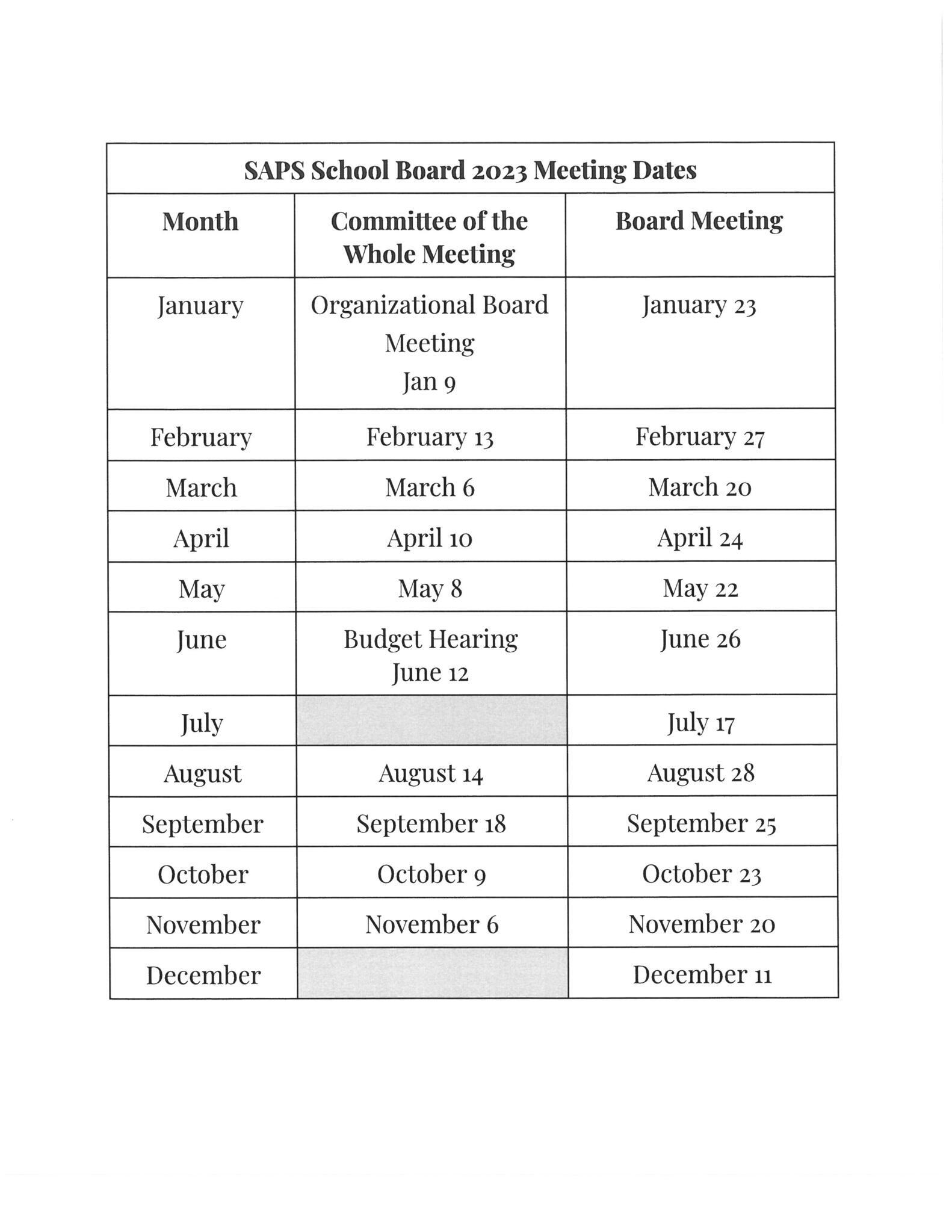 School Board and Committee of the Whole Meeting Dates 2023