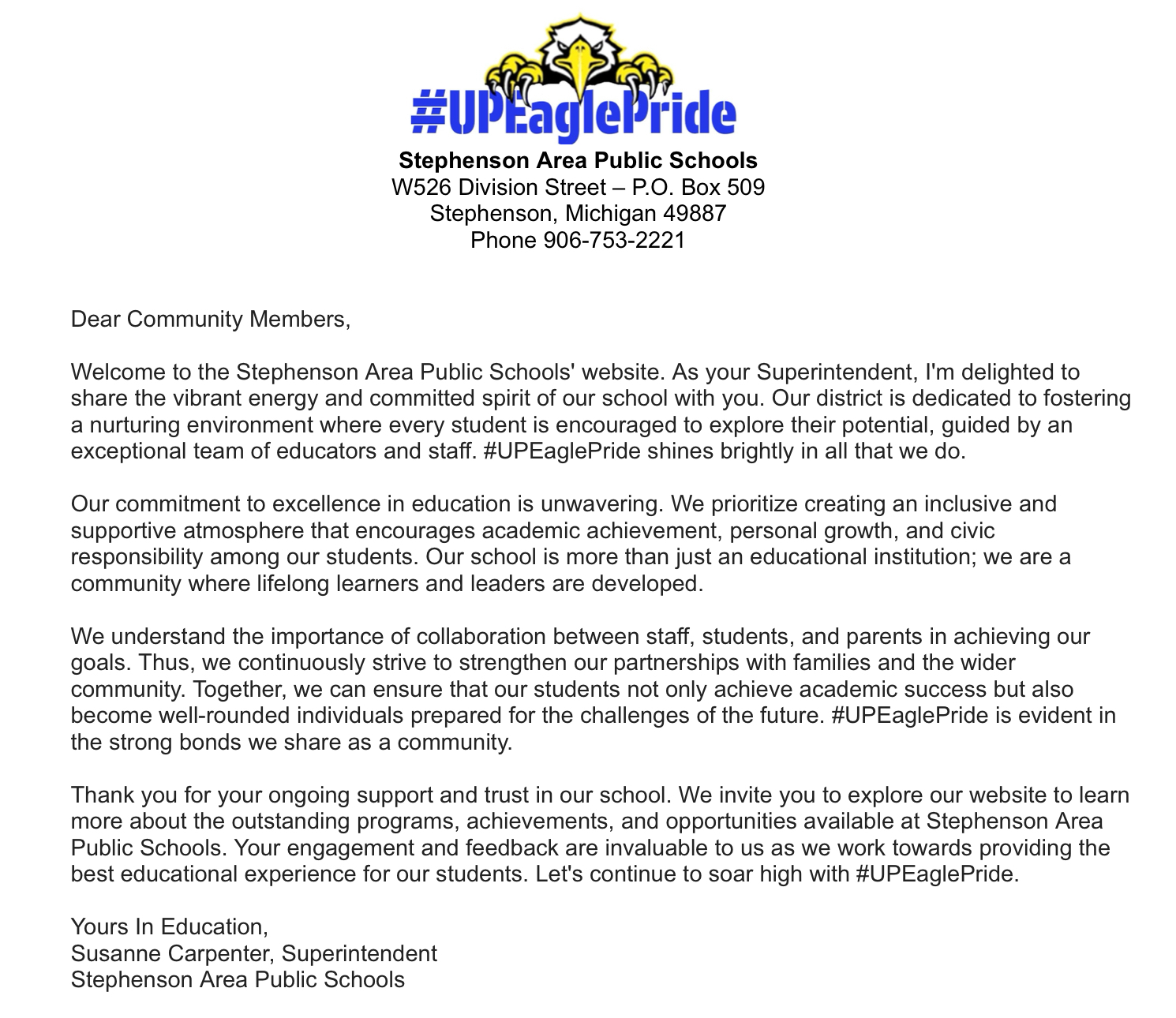 Superintendents Page - District - Stephenson Area Public Schools